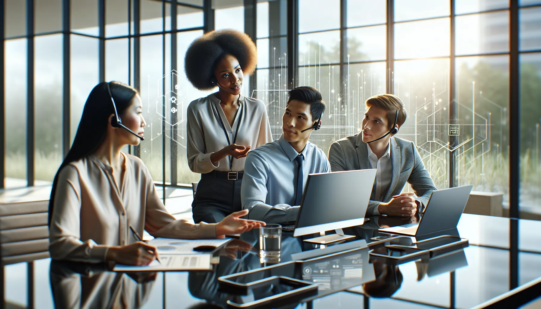Customer service team collaborating in a modern office setting.